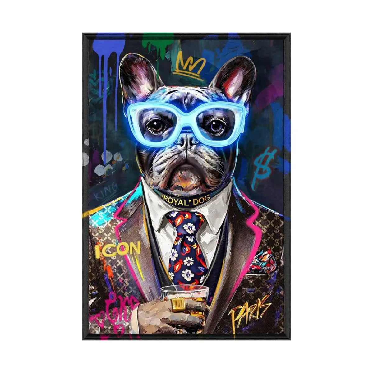 Quadro LED Bulldog 60x90 cm con graffiti e occhiali luminosi – LED Therapy