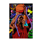 Quadro con sfondo nero con dettagli stile street art e dettagli luminosi colorati. Rappresentato giocatore che lancia palla da basket. sfondo immagine bianco 