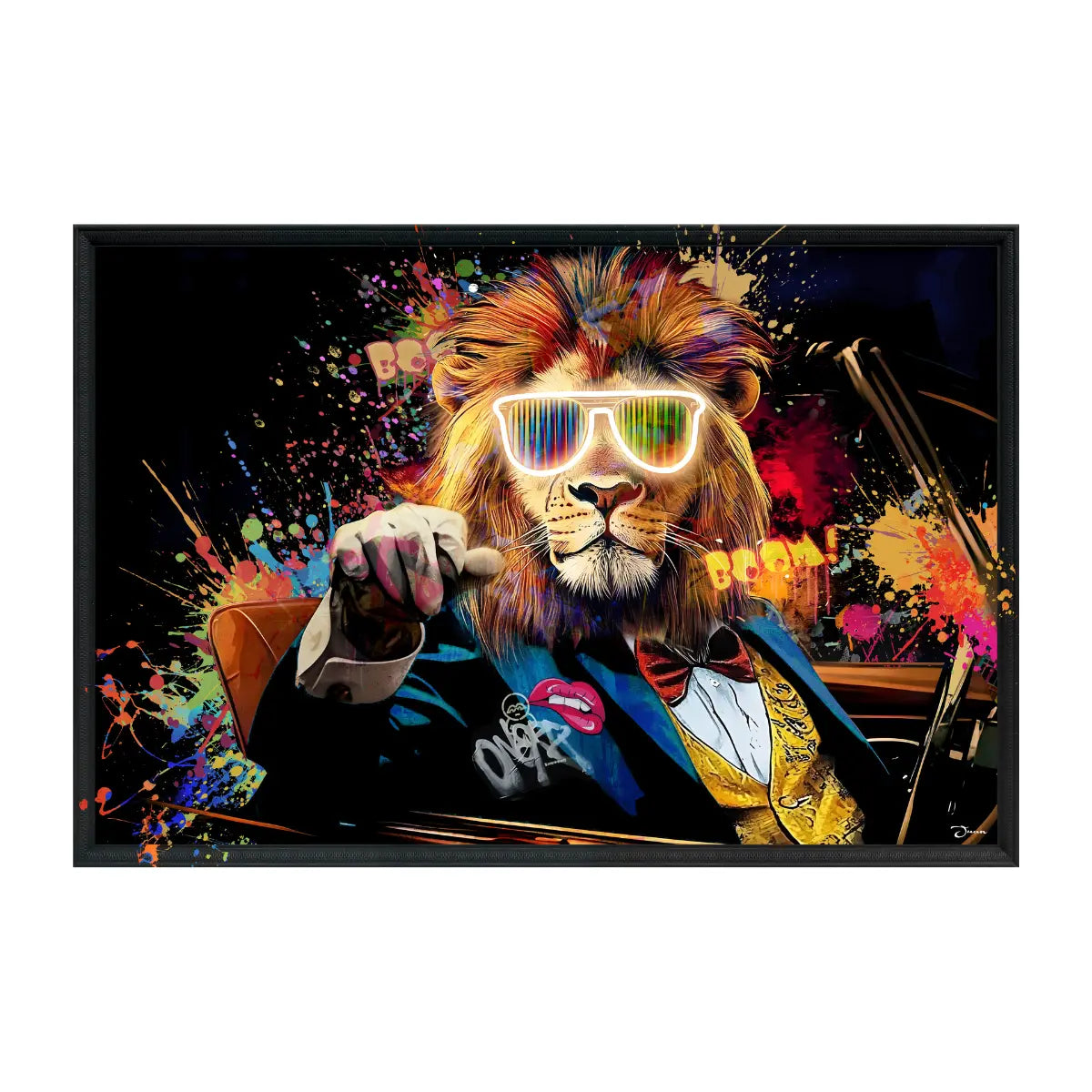 Quadro con dettagli luminosi con leone rappresentato. Sfondo e cornice neri, dettagli colorati. Sfondo immagine bianco 