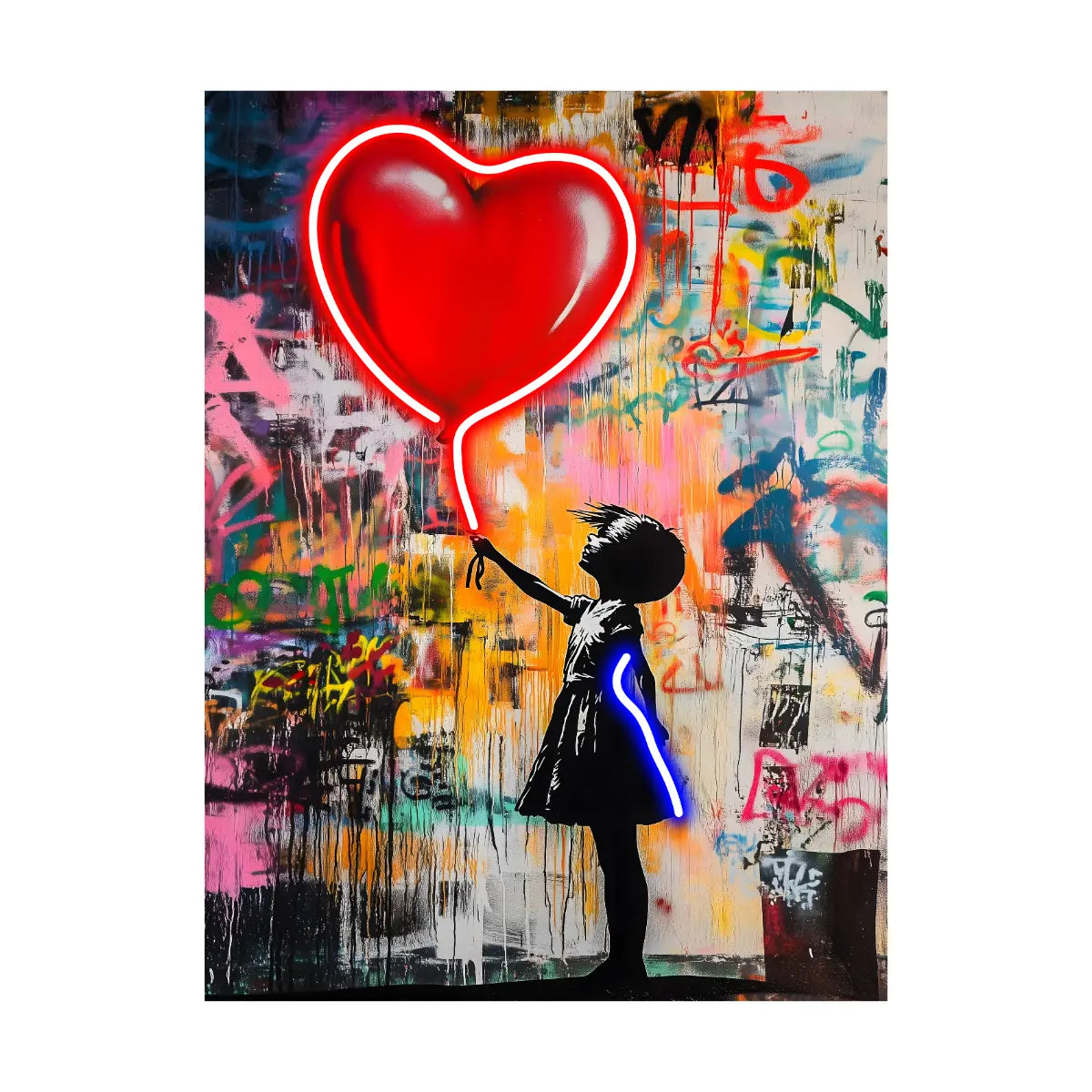 Quadro con bambina in nero che tiene in mano palloncino cuore rosso. Dettagli luminosi led. Sfondo con decorazioni stile street art. Sfondo immagine bianco 