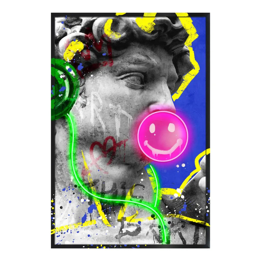 Quadro con il volto della statua del David con uno stile fucsia e cuffie verdi con Led integrato