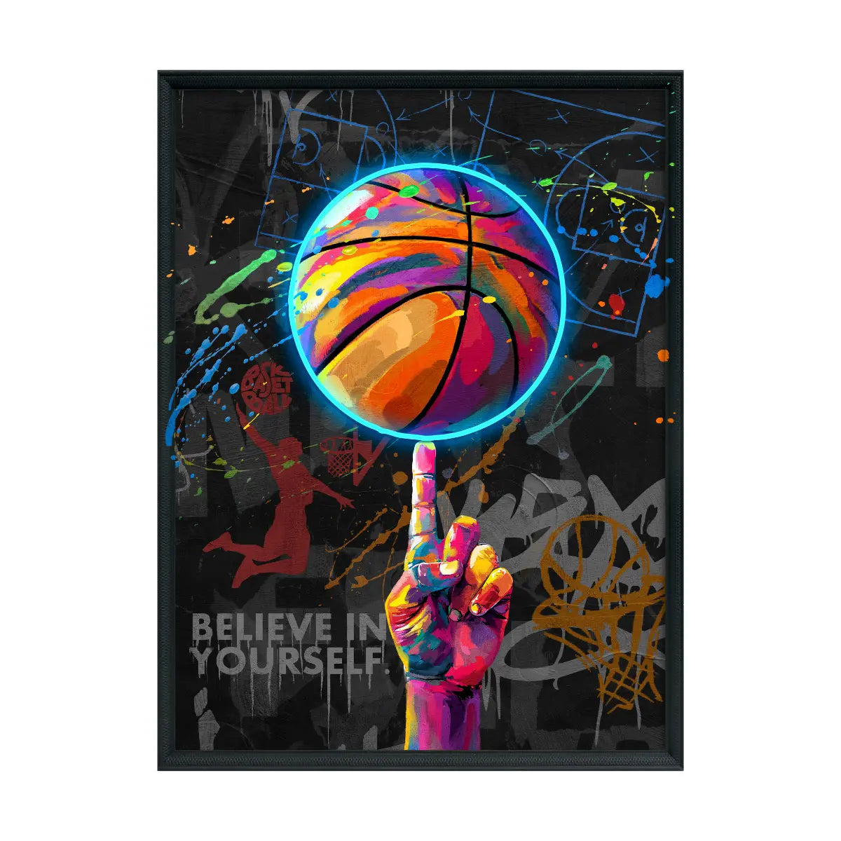Quadro con sfondo nero con dettagli luminosi led colorati. Rappresentata palla da basket appoggiata su un dito di una mano. Nello sfondo dettagli stile street art. Sfondo immagine bianco