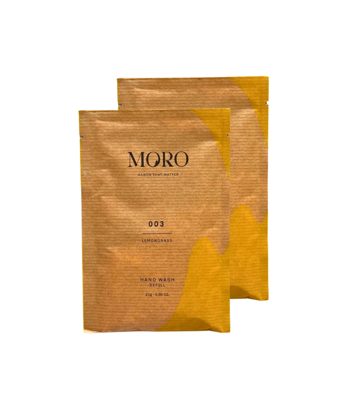 Due bustine refill sapone mani marroni e gialle con scritta Moro nera e Lemongrass. Sfondo bianco
