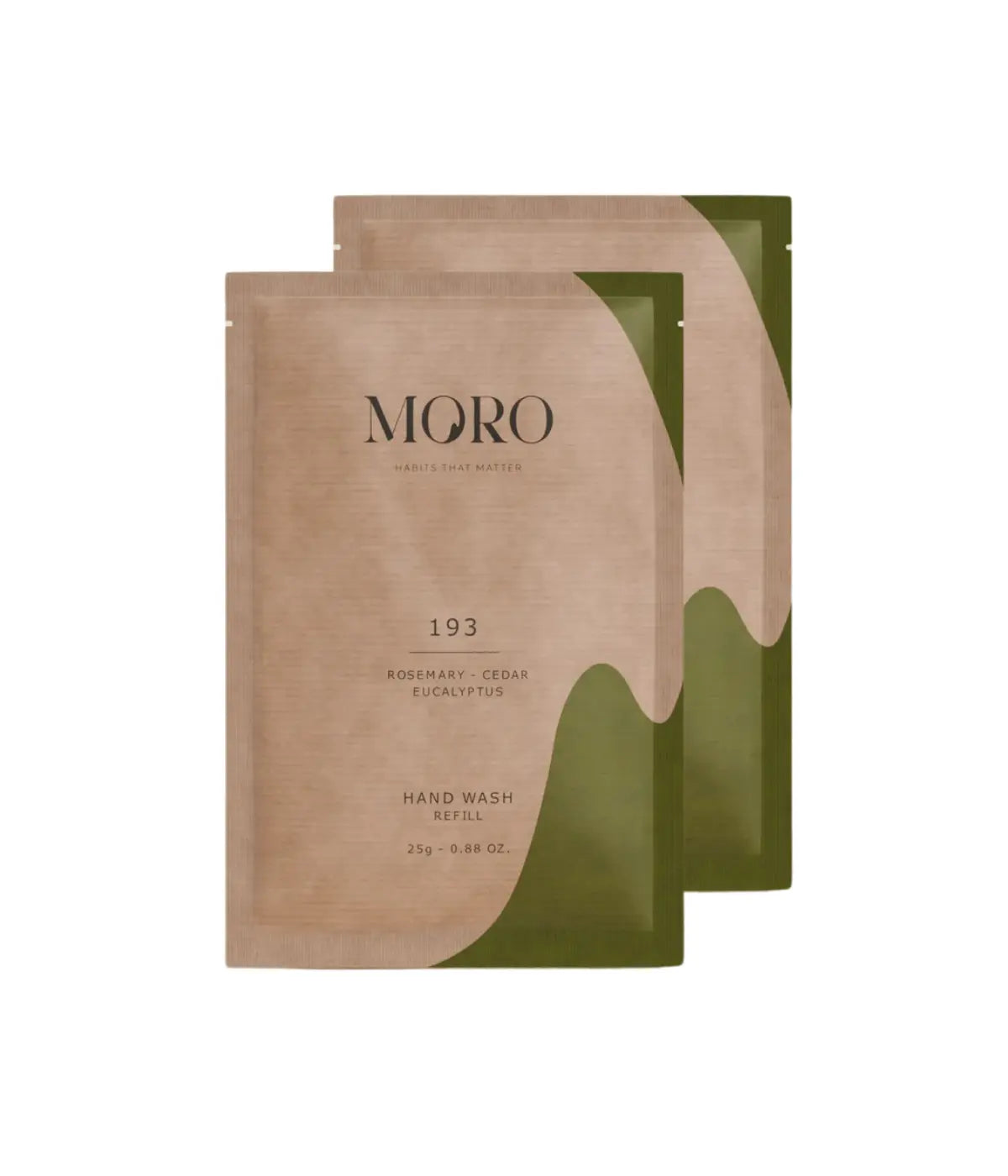 Due bustine refill sapone mani marroni e verdi con scritta Moro nera e Rosmery. Sfondo bianco