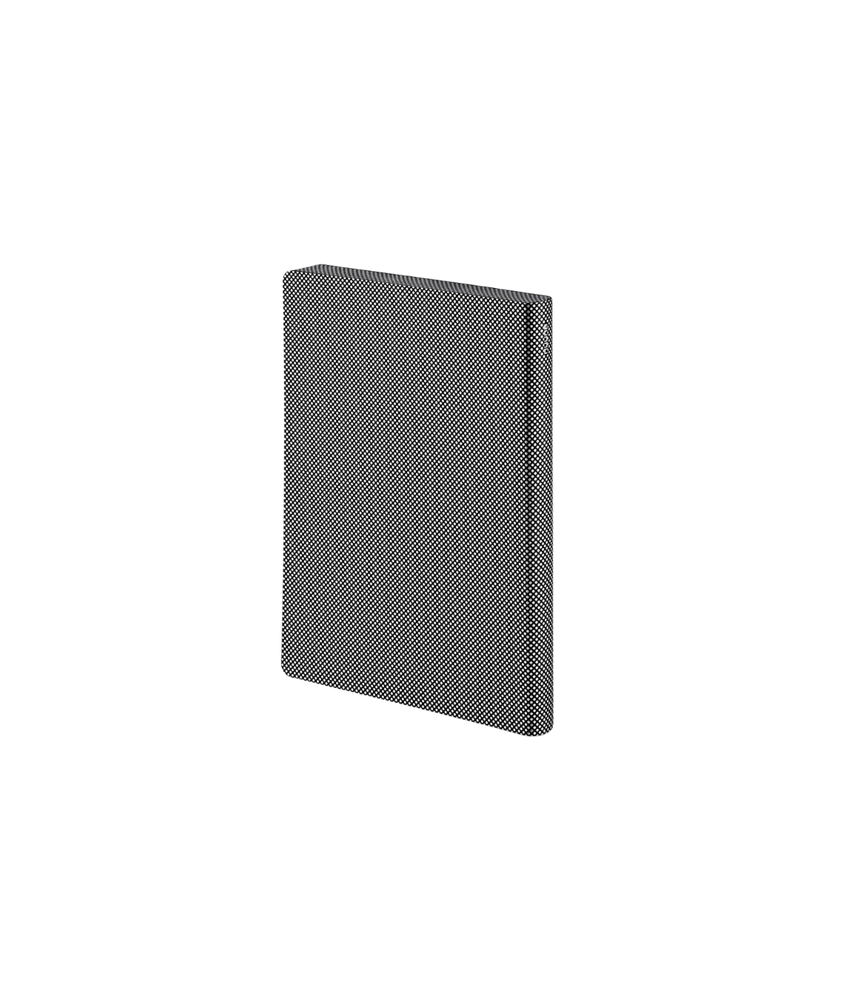 Retro Notebook argento e nero a puntini su sfondo bianco.