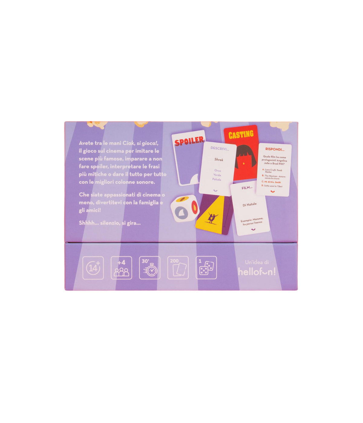 Retro scatola viola con indicazioni sul tema del gioco, immagini carte. Immagine su sfondo bianco