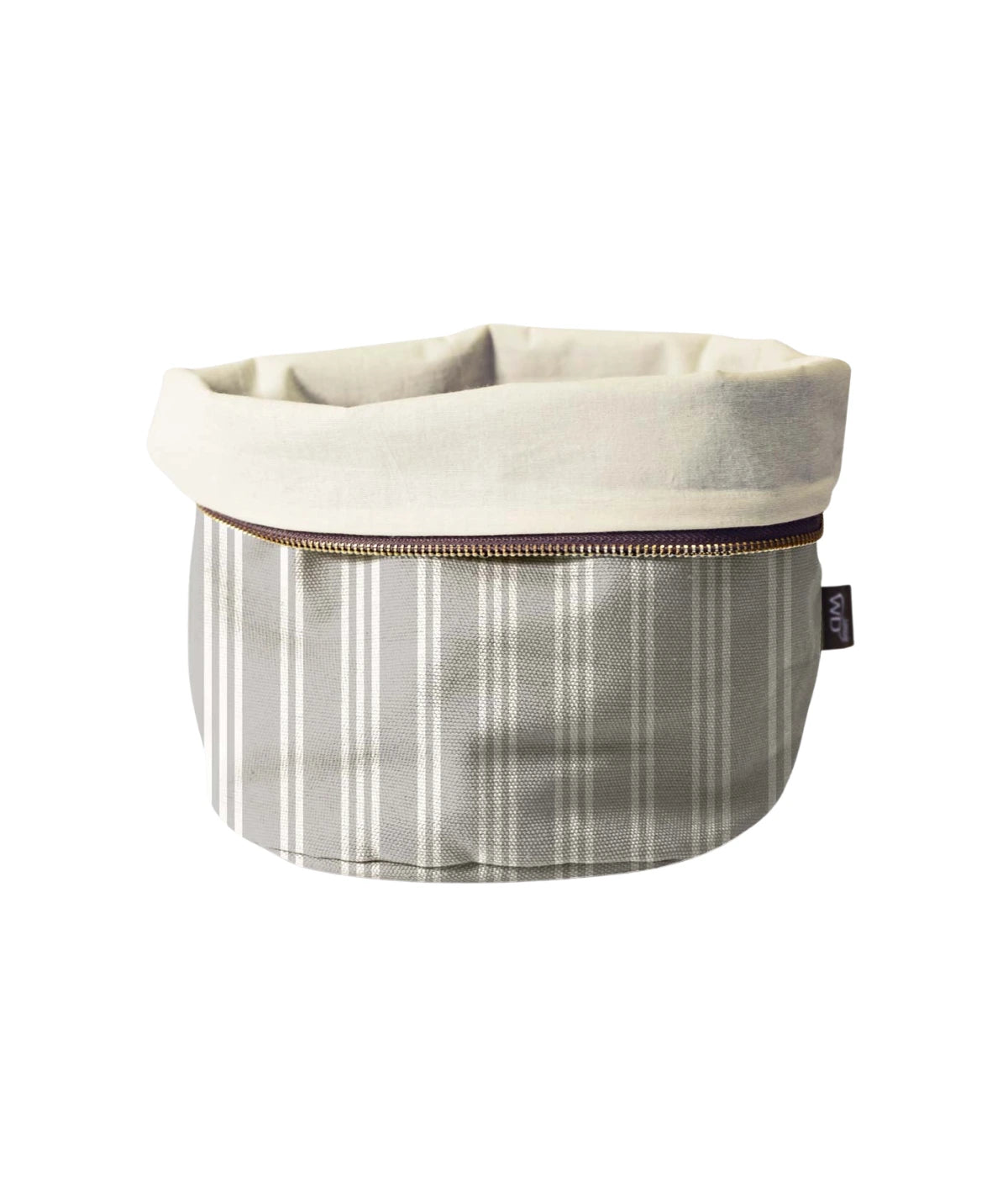 Un sacchetto portapane esterno gessato grigio interno bianco con cerniera. Sfondo bianco