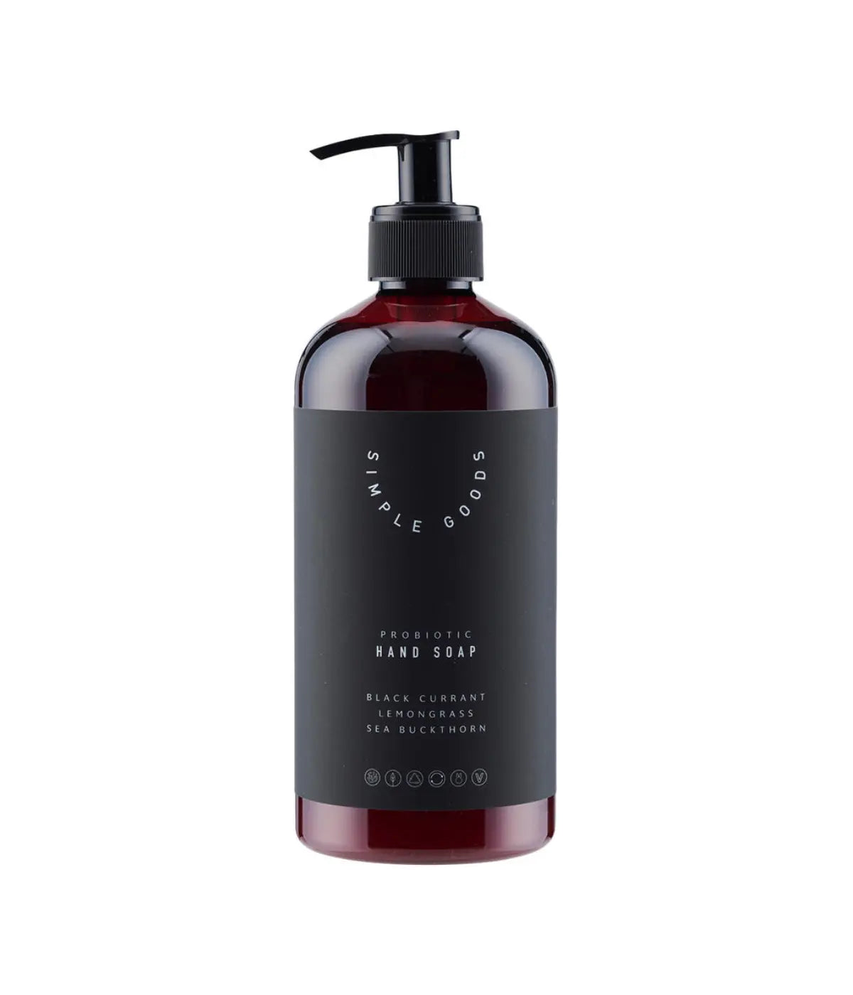 Porta sapone marrone con etichetta nera.Scritte bianche Simple Goods, Hand Soap. Sfondo bianco