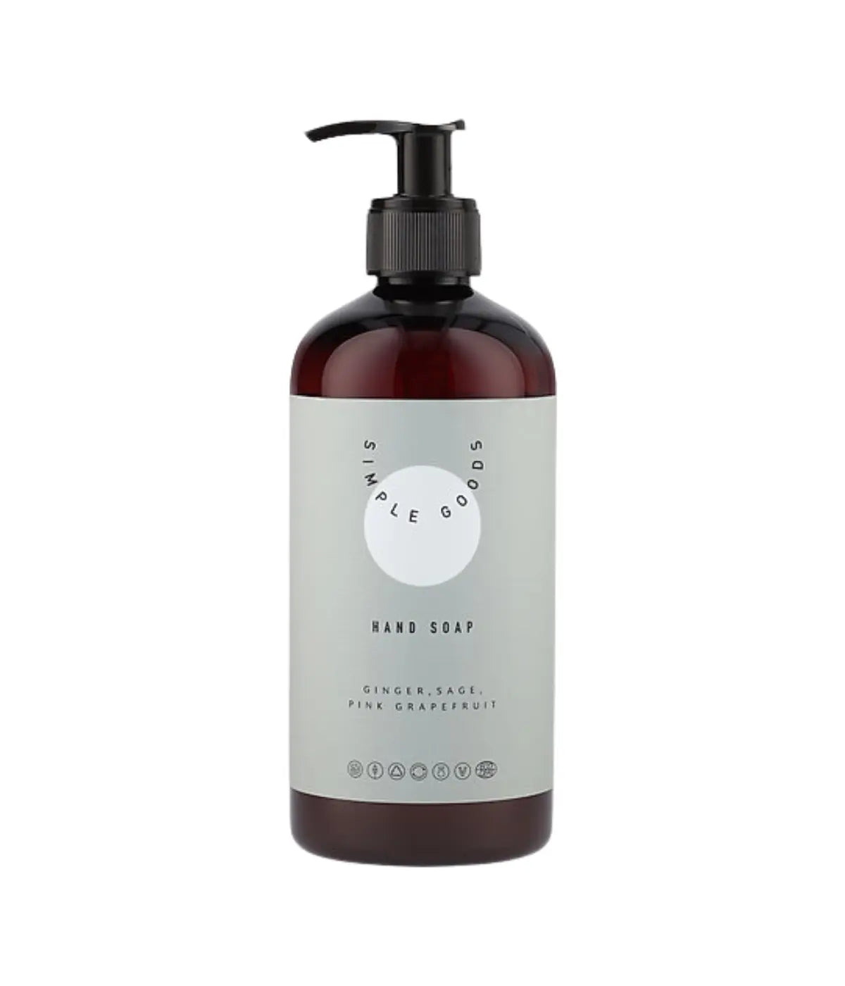 Porta sapone marrone con etichetta verde. Scritte nere Simple Goods, Hand Soap.  Sfondo bianco