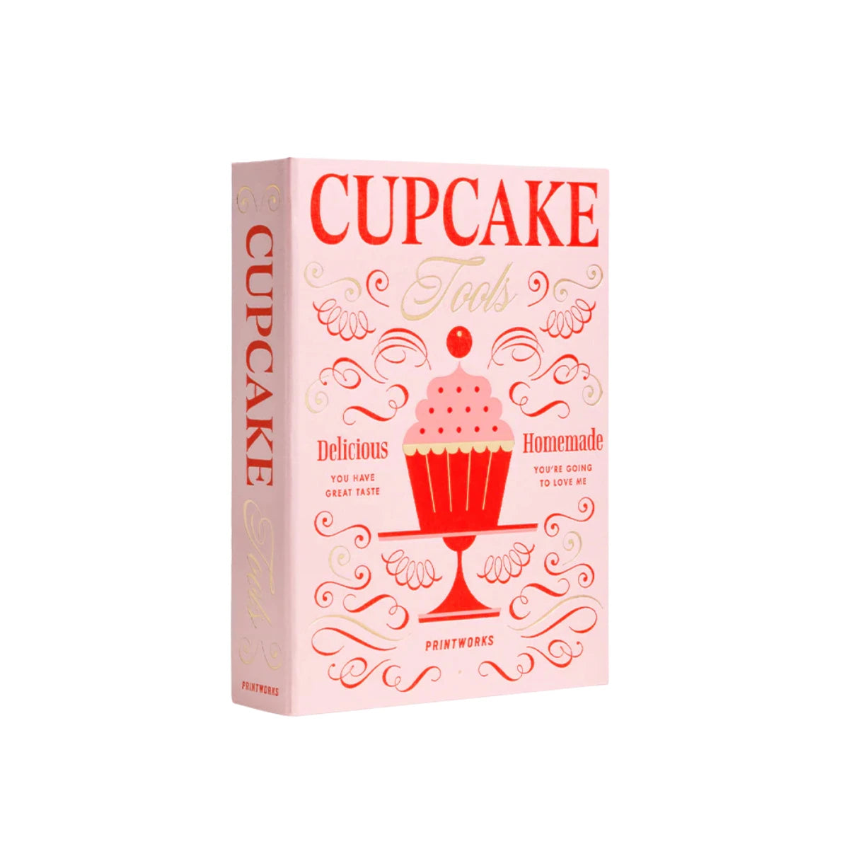 Scatola rosa con Design a libro per preparare cupcake. Scritta cupcake rossa. Sfondo bianco
