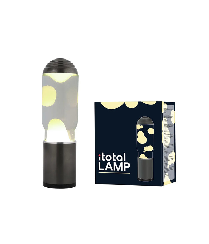 Lava Lamp trasparente e bianca con bolle. Scatola nera e bianca con scritta Itotal. Sfondo bianco.