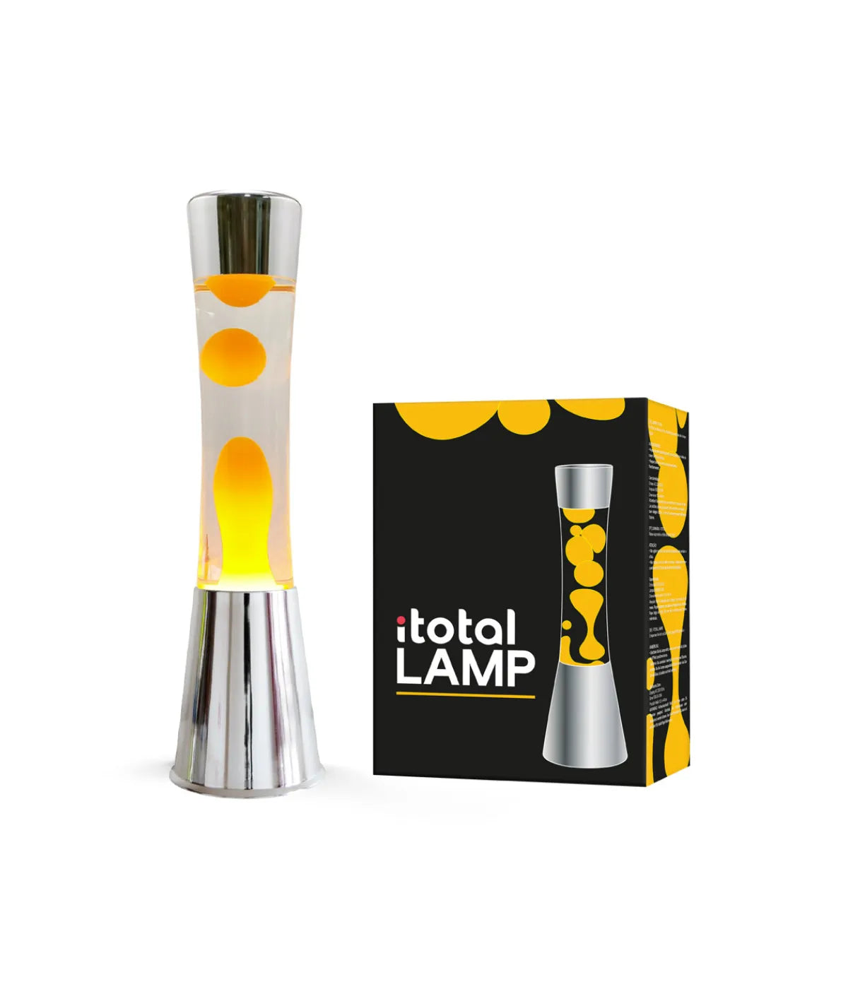Lava Lamp trasparente con bolle arancioni. Scatola nera e arancione scritta Itotal. Sfondo bianco.