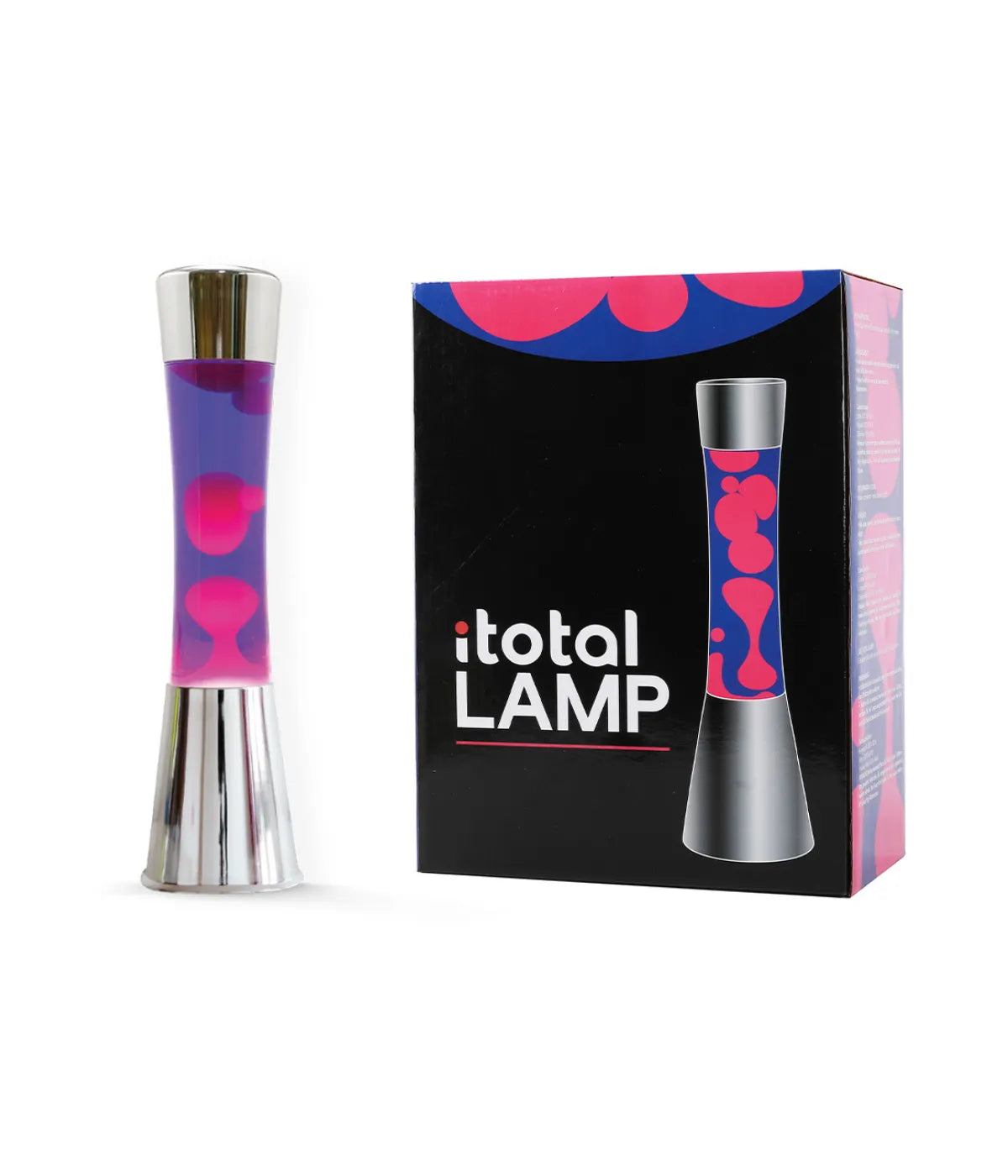 Lava Lamp Viola e Cera Rosa. Scatola nera e viola con scritta Itotal bianca. Sfondo bianco
