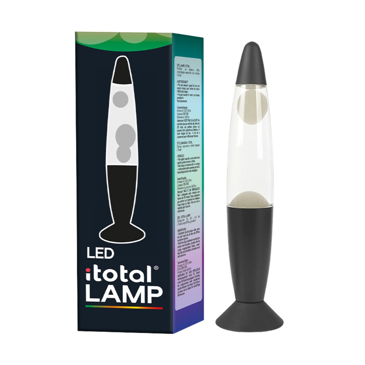 Scatola nera con scritta lamp totale Led. Lampada da tavolo con Led che cambia colore. Sfondo bianco