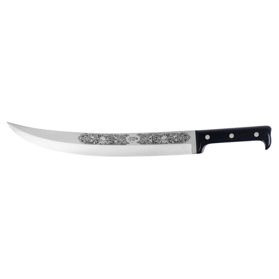 Sciabola con manico nero, lama acciaio inox con incisione in rilievo nera. Sfondo bianco
