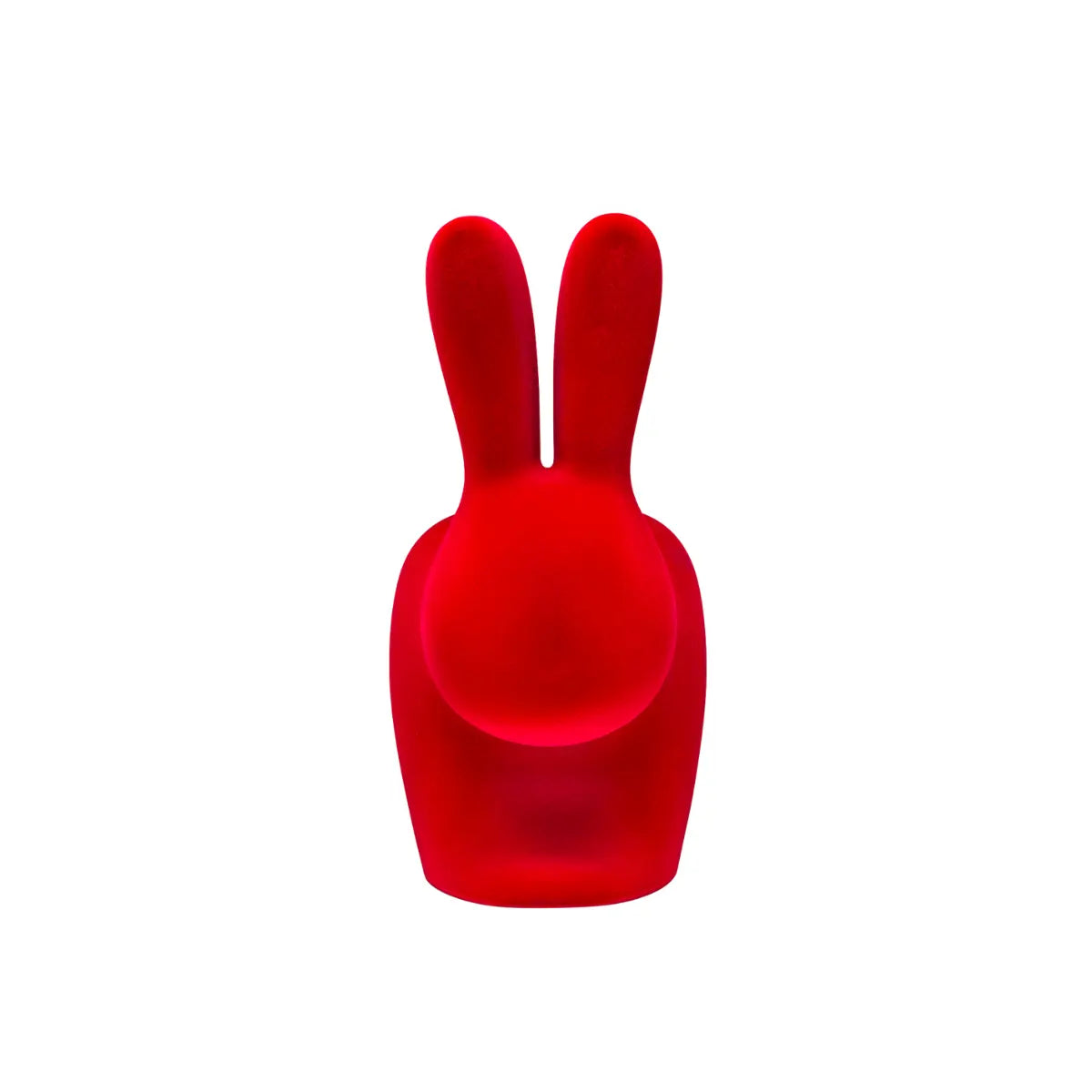 Sedia a forma di coniglio in velluto rosso profilo