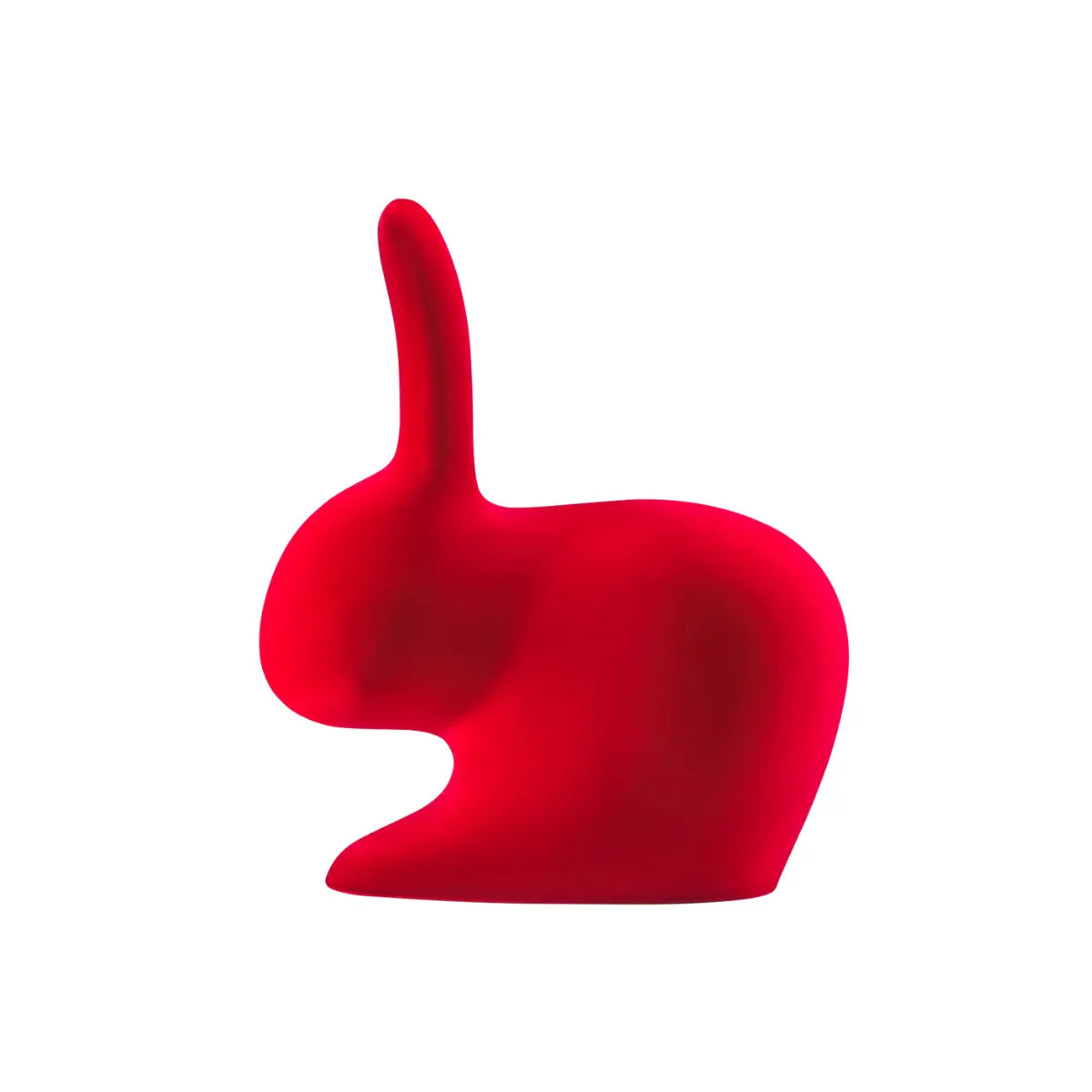 Sedia a forma di coniglio in velluto rosso lato
