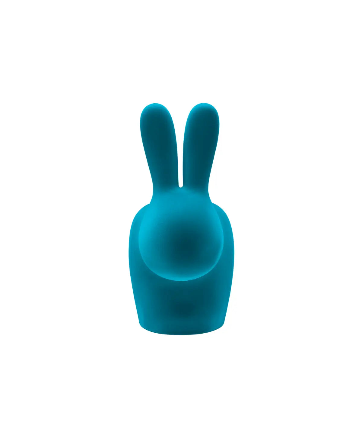Sedia a forma di coniglio in velluto turchese. Immagine su sfondo bianco