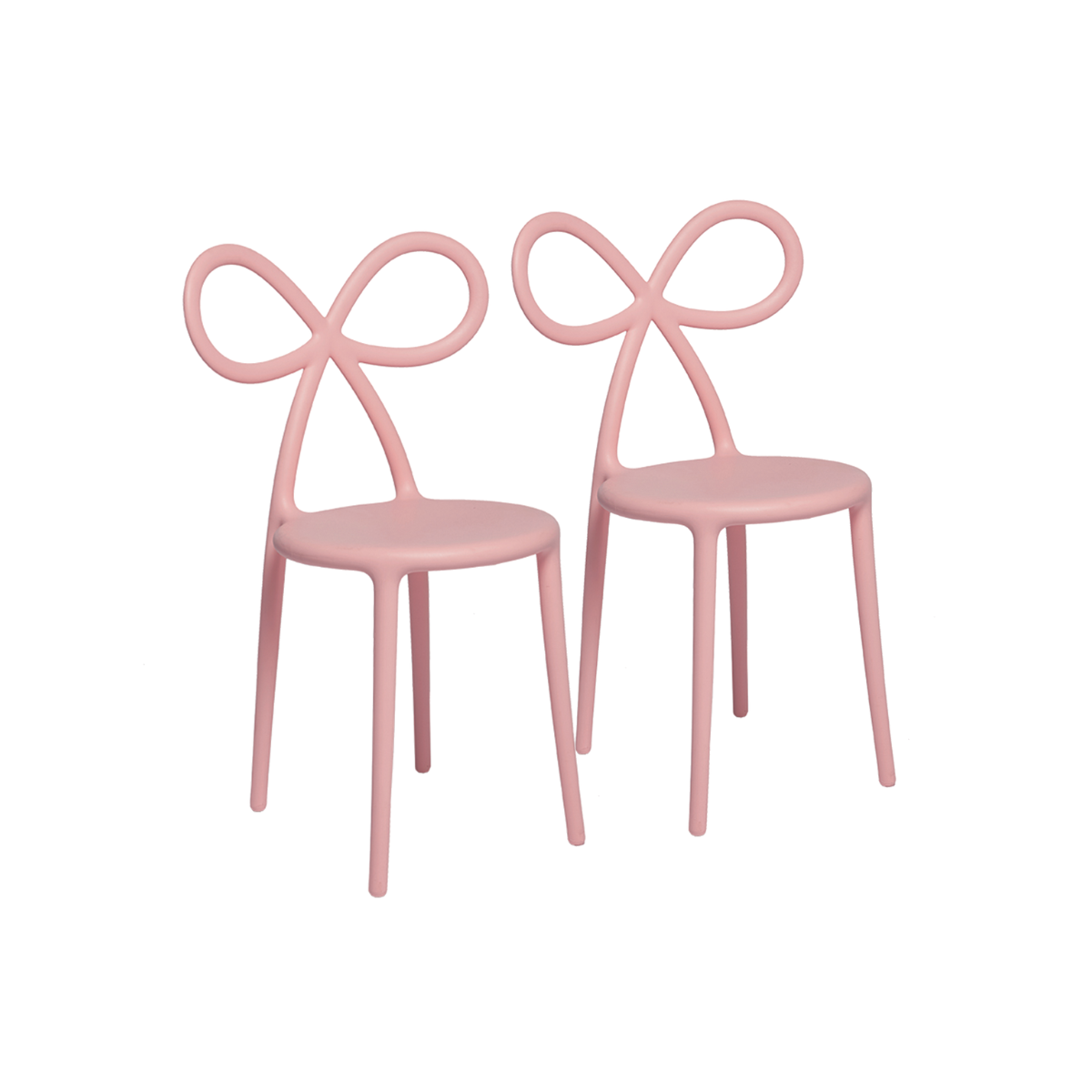 Coppia di due sedie rosa con schienale a fiocco
