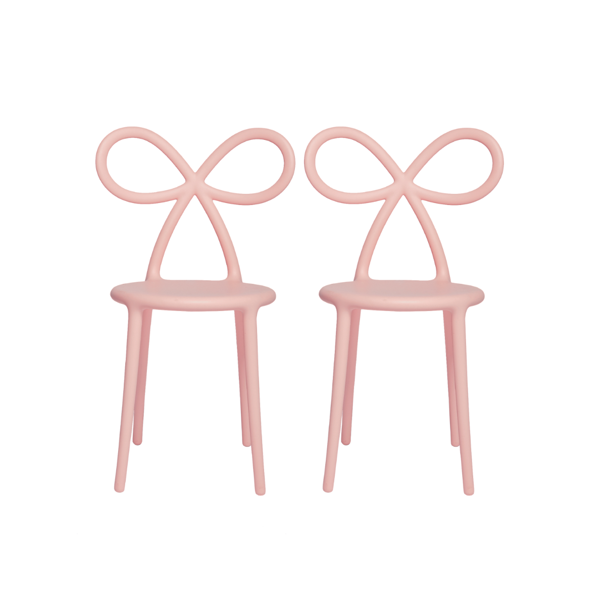 Coppia di due sedie rosa con schienale a fiocco vista frontale