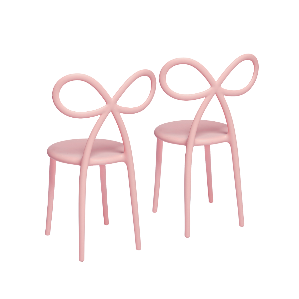 Coppia di due sedie rosa con schienale a fiocco vista da dietro