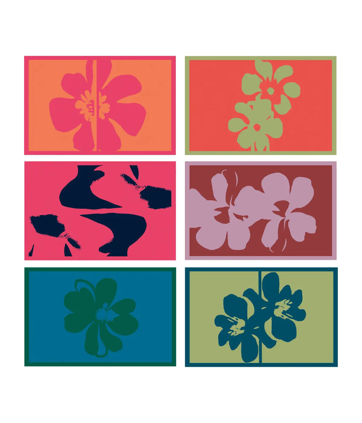 6 tovagliette americane con design floreali  colorate, rosso verde, rosa e Tiffany. Sfondo bianco