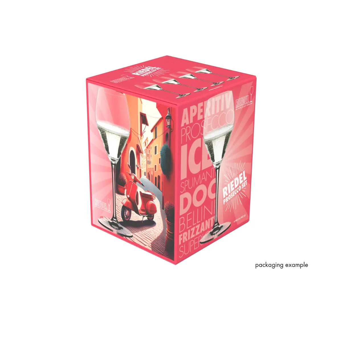 Confezione di cartone contenete il set di 4 bicchieri da prosecco di RIedel. La scatola è rossa con scritte e una vespa disegnata. Sfondo bianco