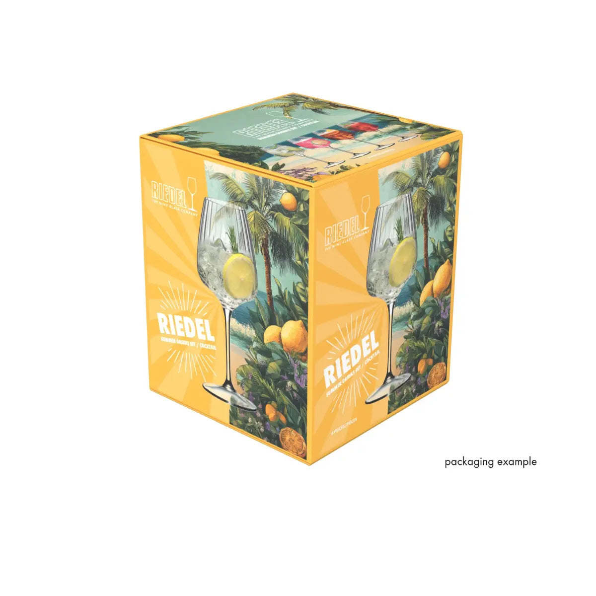 Confezione del set da 4 calcici cocktail di Riedel. La scatola ha base gialla con dettagli vegetali verdi e gialli. Sfondo bianco