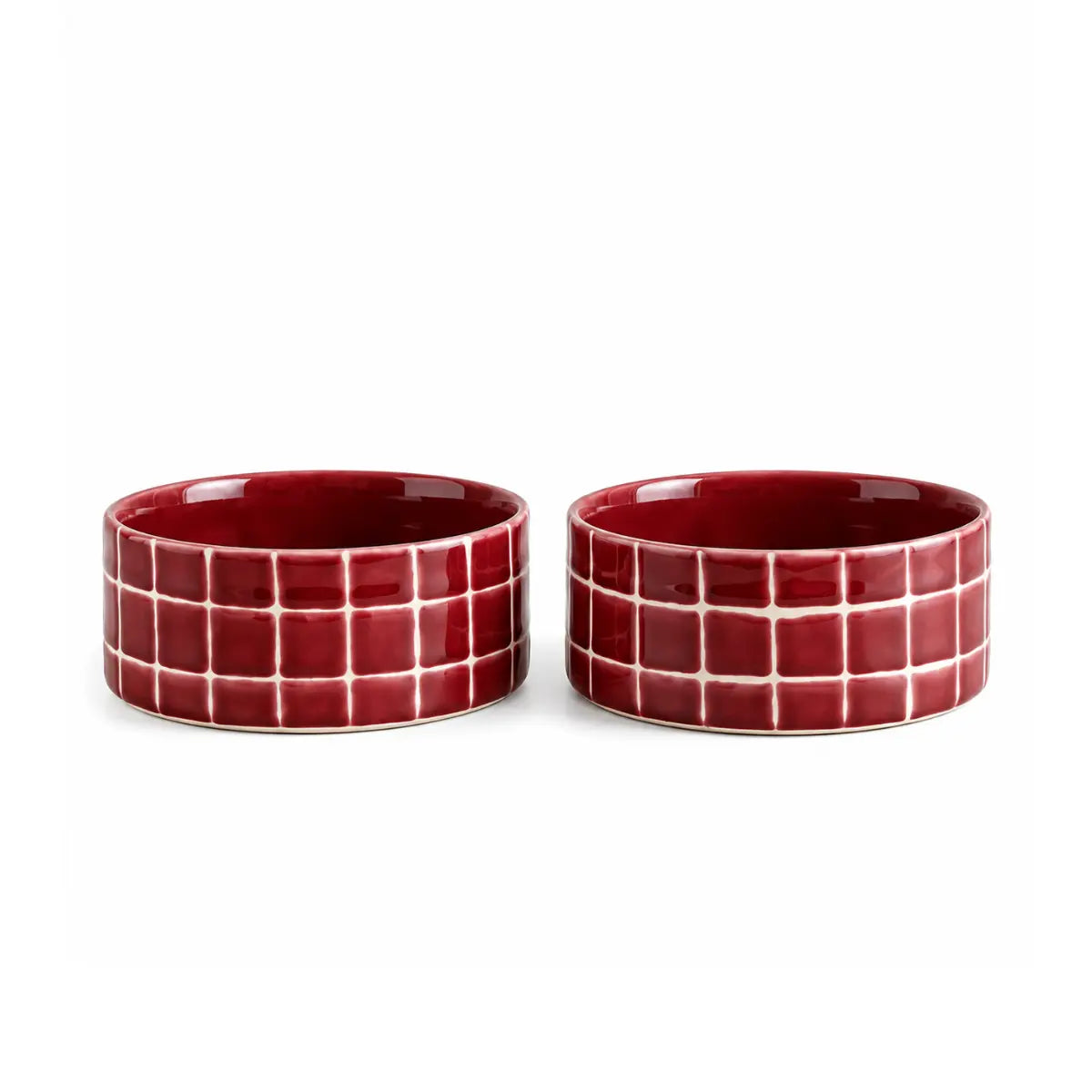 Set 2 ciotole per animali Pool Bordeaux a quadretti in gres 14 cm