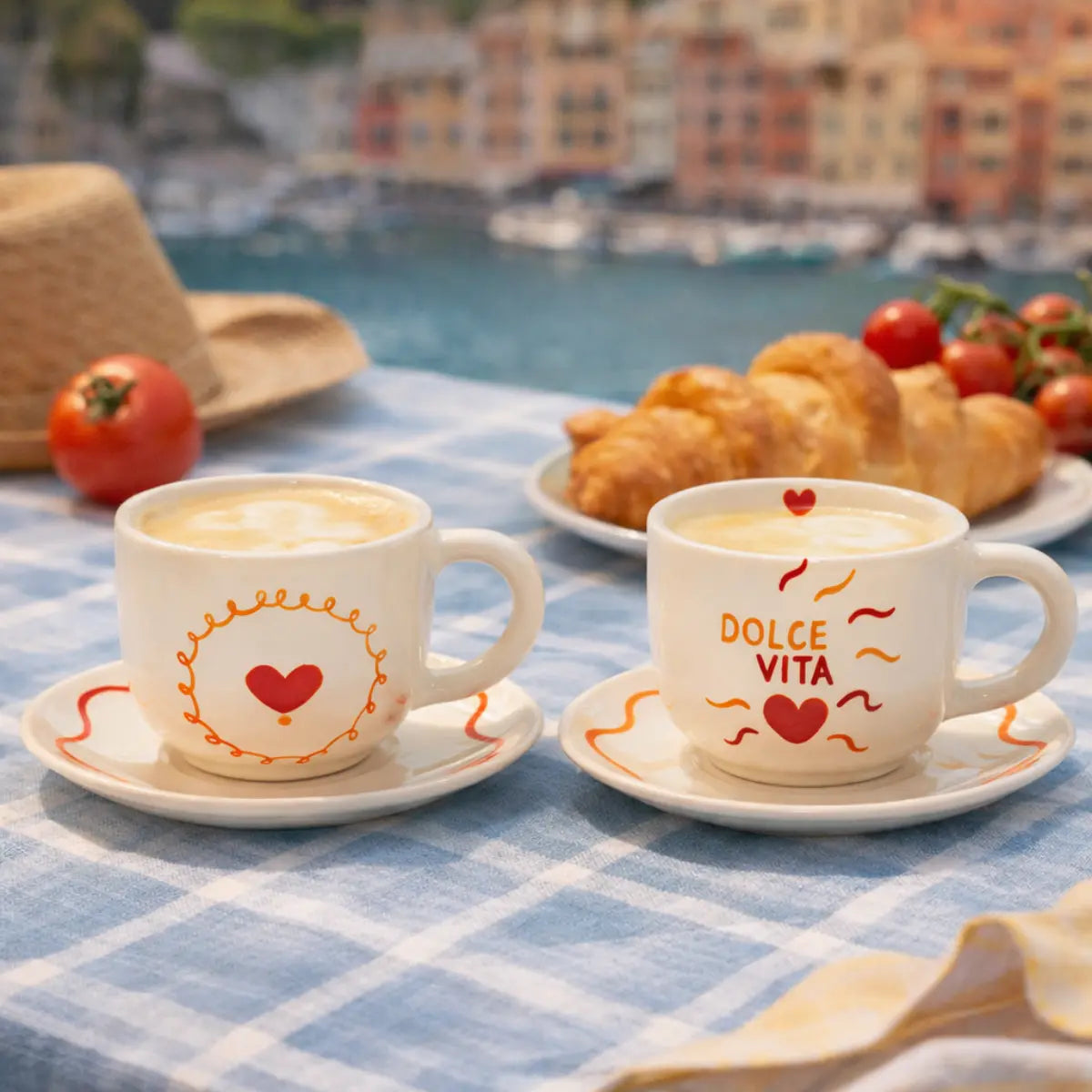 Set di 2 tazzine di cappuccino appoggiate su un tavolo con tovaglia azzurra.