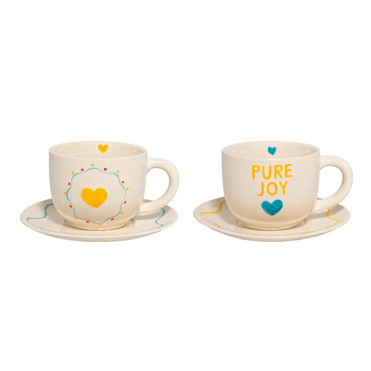 Set di 2 tazzine con piattino con frase Pure Joy e cuore