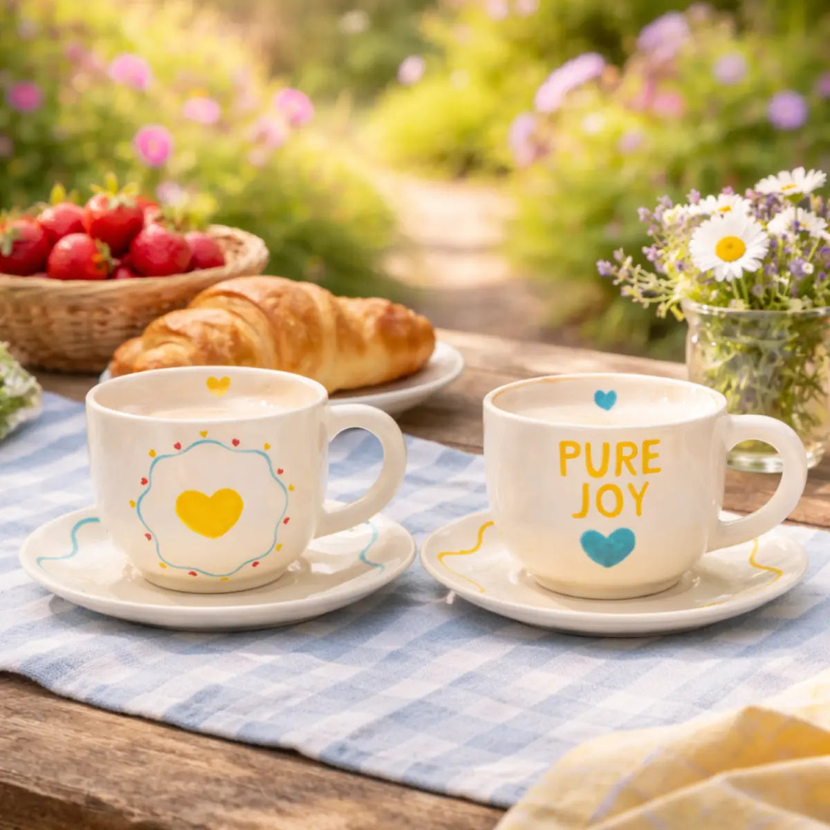 Set di 2 tazzine di cappuccino appoggiate su un tavolo in legno con tovaglia azzurra.