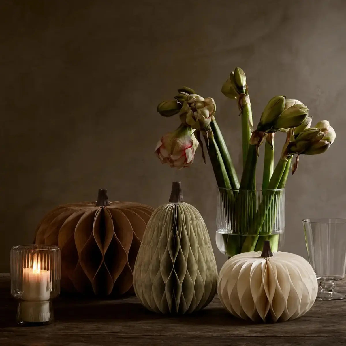 Set 3 zucche decorative in carta Nordic Moss nei toni naturali
