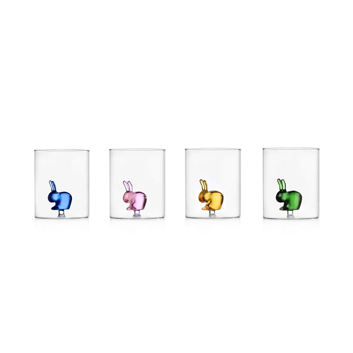 set di 4 bicchieri in vetro con conigli colorati della collaborazione Qeeboo x Ichendorf