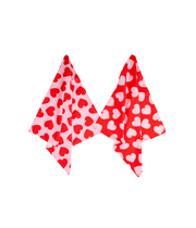 Due strofinacci uno rosa con cuori rossi e uno rosso con cuori rosa. Immagine su sfondo bianco