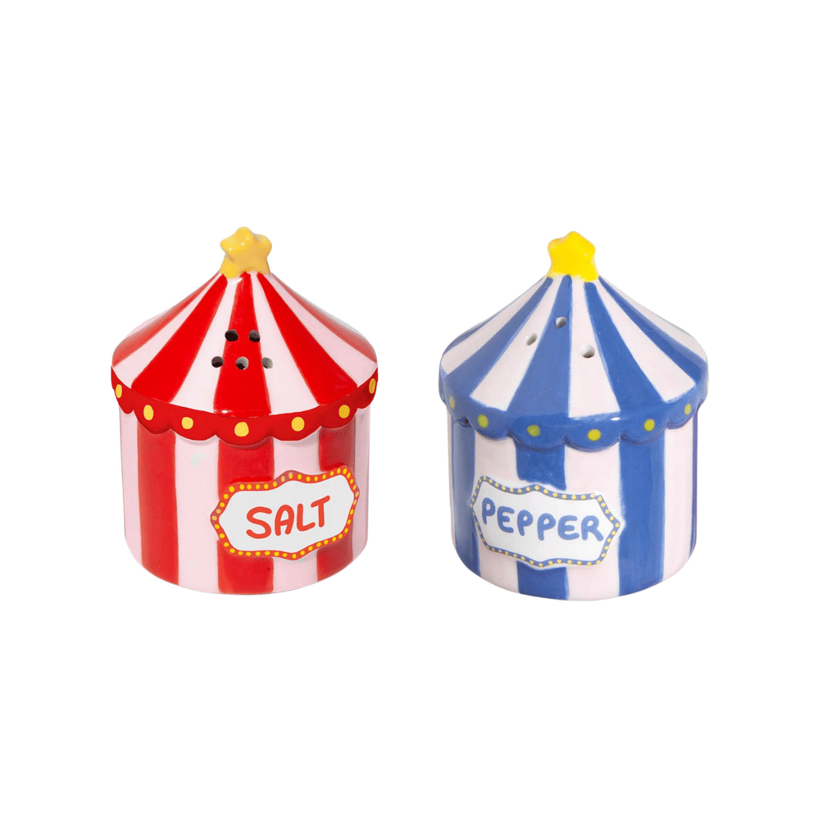 Porta spezie a forma di giostra, saliera rossa e pepiera blu. Sfondo bianco