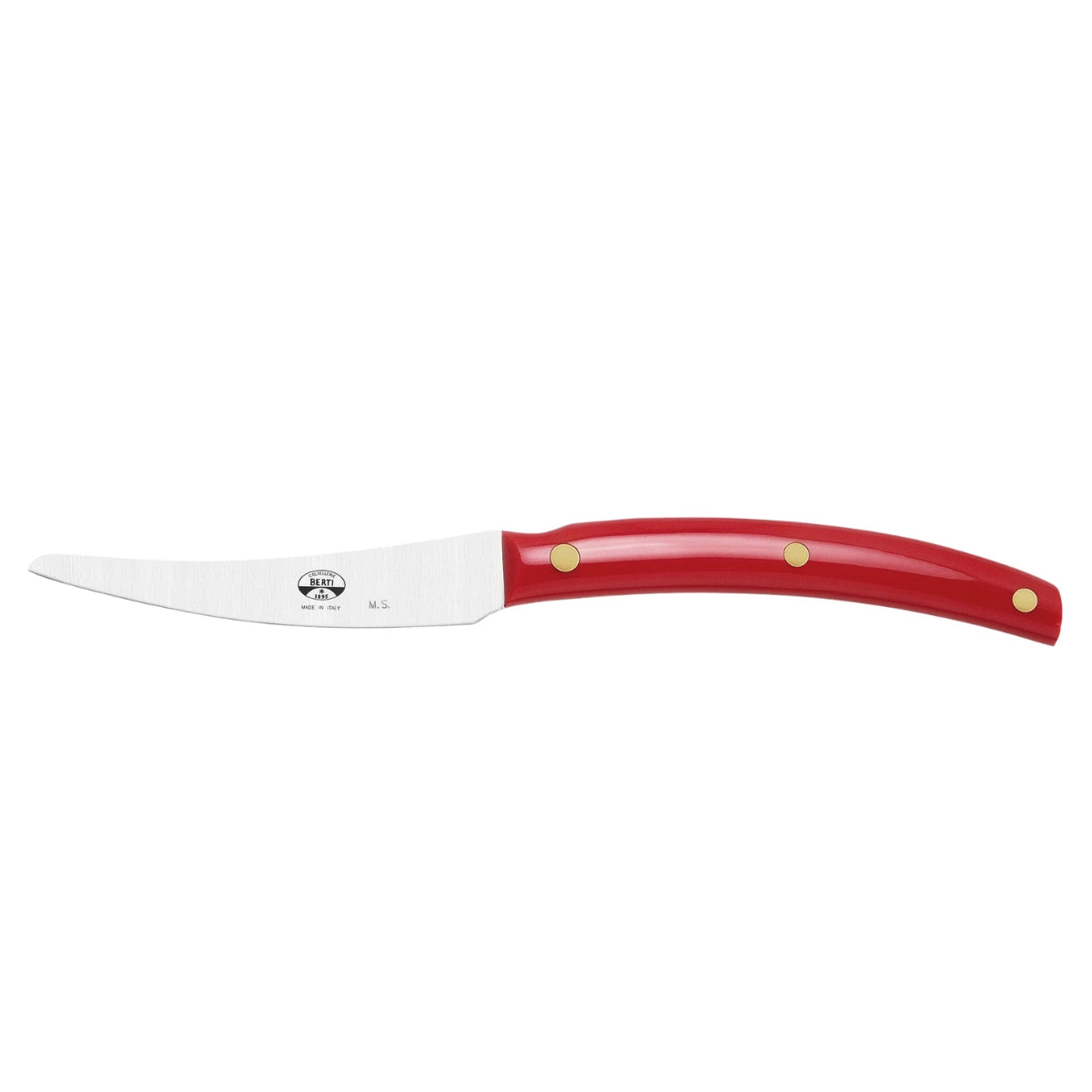 Un coltello da carne con manico ergonomico rosso, lama in acciaio inox, logo Berti. Sfondo bianco