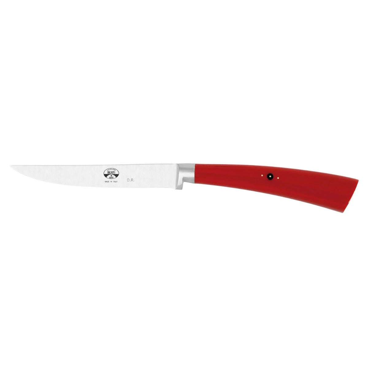 Un coltello da carne con manico rosso e lama in acciaio inox, logo Berti. Sfondo bianco