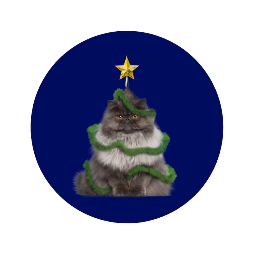 Sottopentola natalizio con gatto travestito da albero di Natale su sfondo blu 