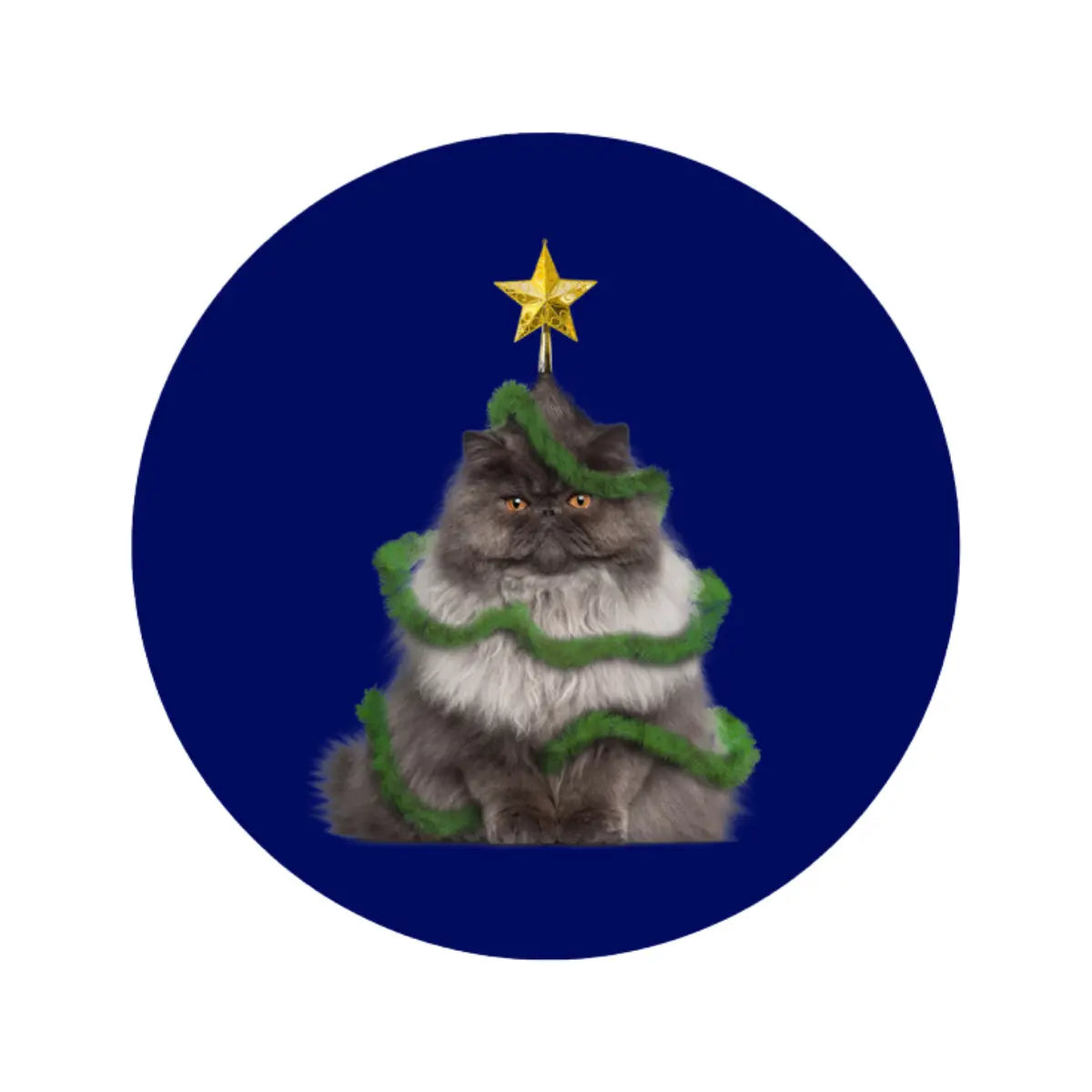 Sottopentola natalizio con gatto travestito da albero di Natale su sfondo blu 