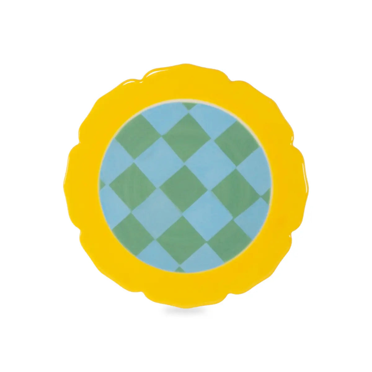 Sottopentola a forma irregolare con bordo giallo e al centro fantasia a quadretti azzurro e verde. Sfondo bianco 