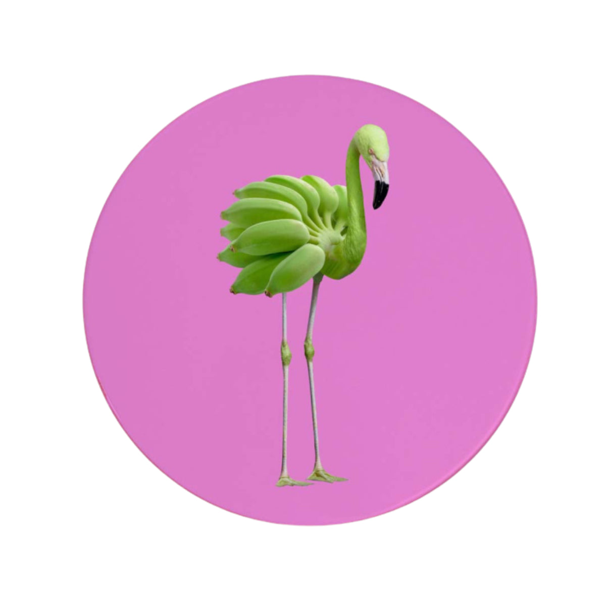 Sottopentola ceramica sfondo rosa Design mix cesto banane e fenicottero. Sfondo bianco