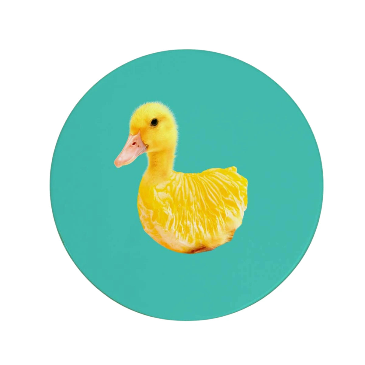 Sottopentola ceramica sfondo Tiffany. Design mix spicchio d'arancia e papera gialla. Sfondo bianco