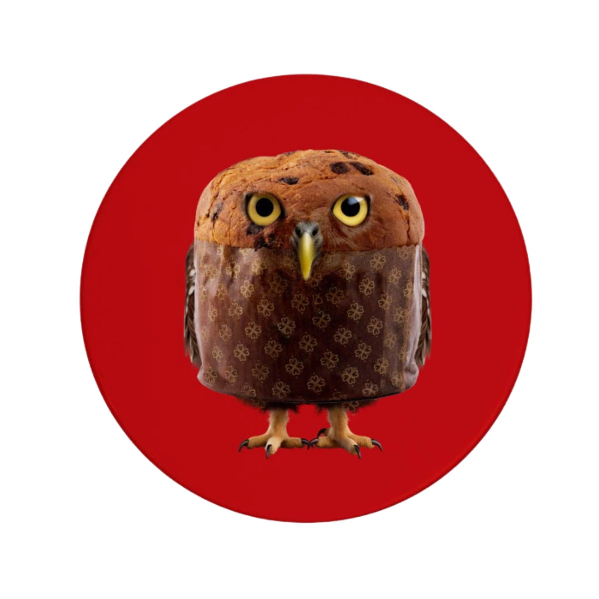 Immagine gufo a forma di panettone su fondo rosso.
