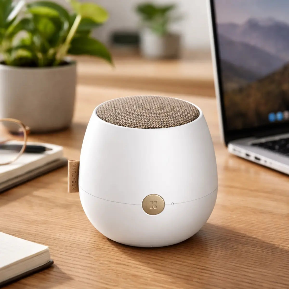 Cassa bianca su scrivania in legno