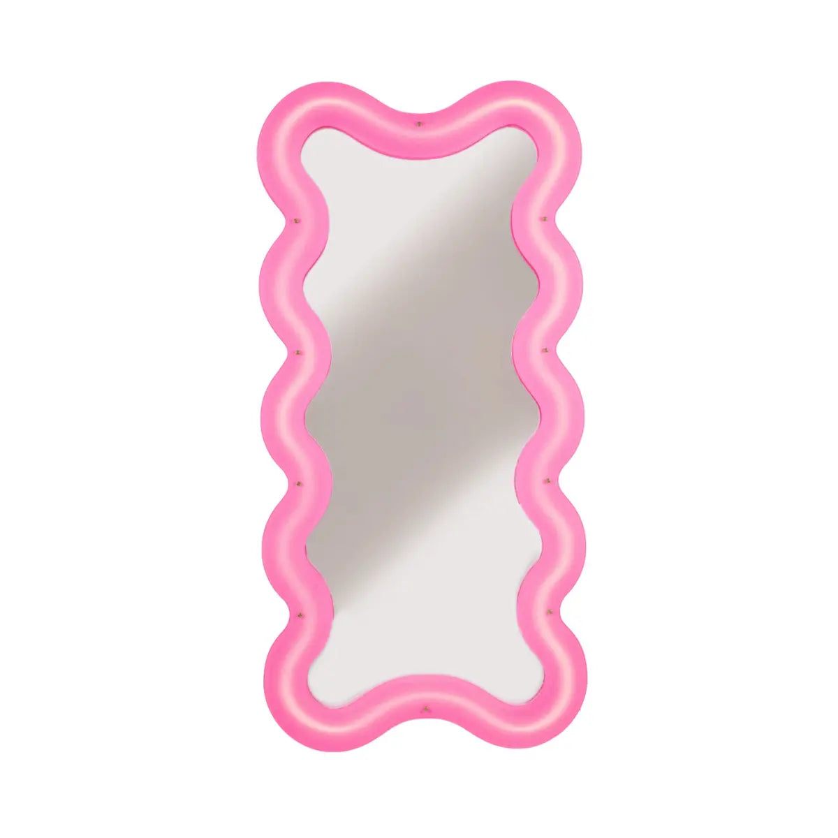 Specchio supercurve di Seletti realizzato in plexiglass rosa. Retroilluminato e dalle forme sinuose e morbide.