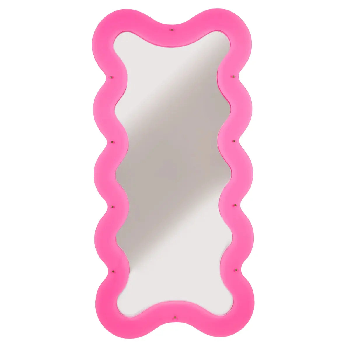 Specchio supercurve di Seletti realizzato in plexiglass rosa. Retroilluminato e dalle forme sinuose e morbide.