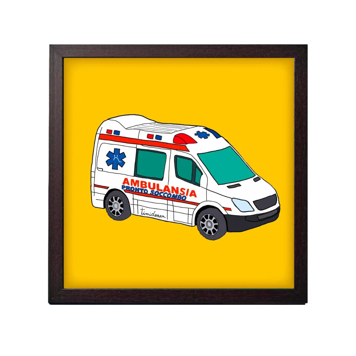 Stampa su sfondo giallo con ambulanza e la scritta ironica ambulansia pronto soccombo con cornice nera