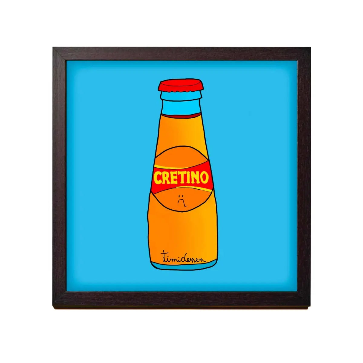 Stampa su sfondo azzurro con bottiglia Crodino e la scritta ironica Cretino con cornice nera
