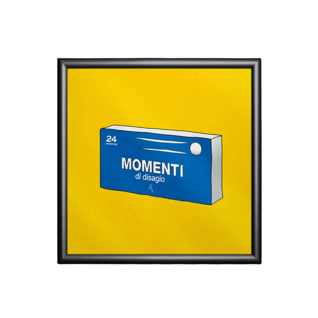 Stampa su sfondo giallo con una confezione di moment e la scritta ironica momenti di disagio con cornice nera